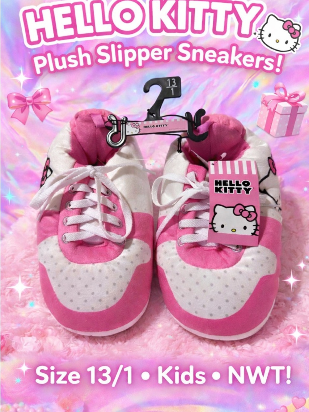 Hello Kitty Plush Slipper Sneakers Pink White Size 13/1 Kids NWT